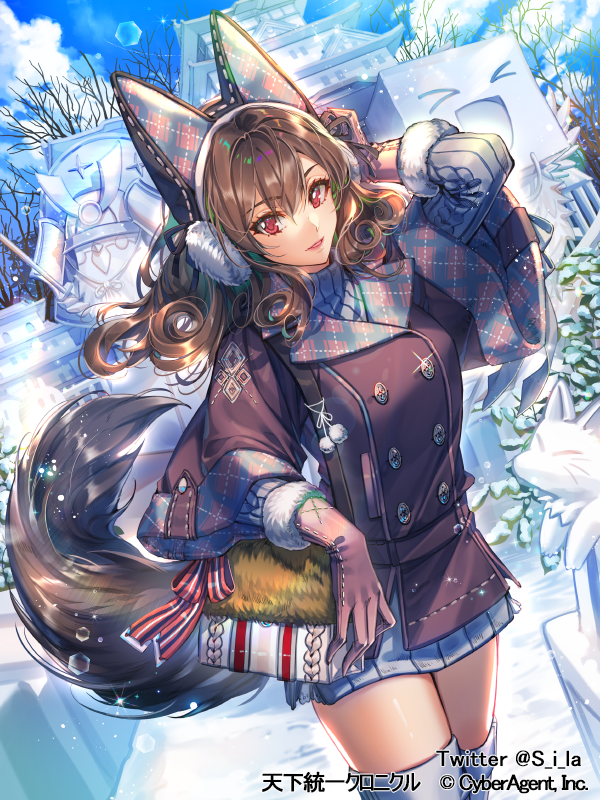 1girl animal_ears bangs brown_coat brown_gloves brown_hair coat dress dutch_angle earmuffs eyebrows_visible_through_hair fake_animal_ears fox_ears fur-trimmed_gloves fur_trim gloves grey_legwear grey_sweater hair_between_eyes hand_in_hair interitio long_hair looking_at_viewer open_mouth outdoors red_eyes ribbed_sweater shiny shiny_hair solo sunlight sweater sweater_dress tenka_touitsu_chronicle thigh-highs turtleneck turtleneck_sweater winter