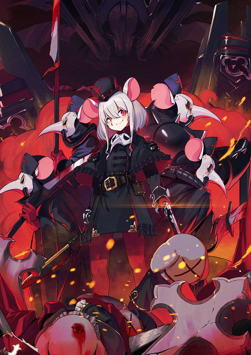 1girl 6+others animal_ears armor bangs blood bloody_weapon blush coat dual_wielding gloves grey_hair gun hat highres holding holding_gun holding_sword holding_weapon mask mask_removed medium_hair military military_uniform mouse_ears mouse_girl multiple_others original plague_doctor_mask polearm ranyu red_gloves red_legwear spear sword uniform weapon