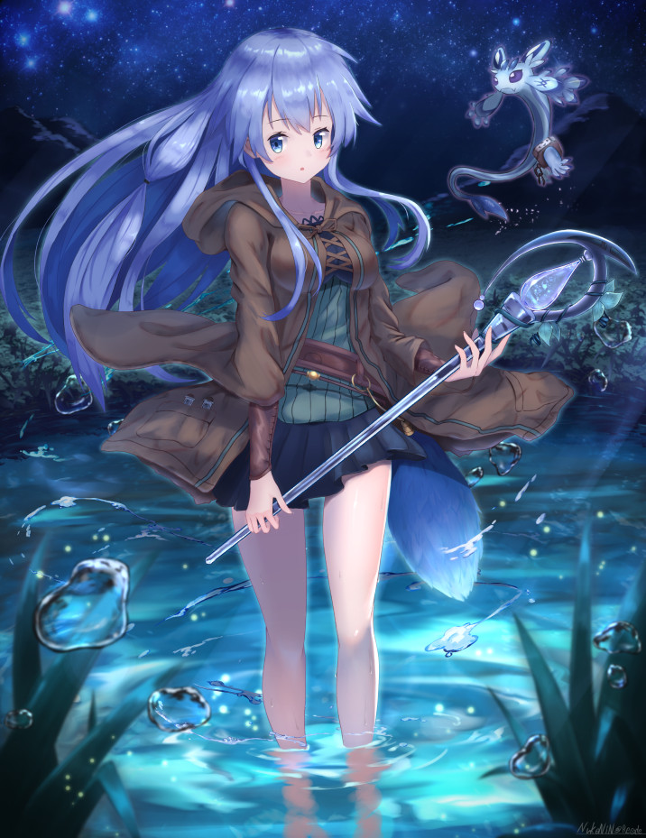 1girl :o aqua_eyes bangs bare_legs belt black_skirt blush breasts brown_coat coat collarbone commentary_request cowboy_shot creature duel_monster eria eyebrows_visible_through_hair fireflies grass green_shirt holding holding_staff hooded_coat large_breasts long_hair long_sleeves looking_at_viewer night night_sky nukenin pleated_skirt pond reflection ribbed_shirt ripples shirt sidelocks signature skirt sky solo_focus staff star_(sky) starry_sky test_tube wading water water_drop wide_sleeves yuu-gi-ou