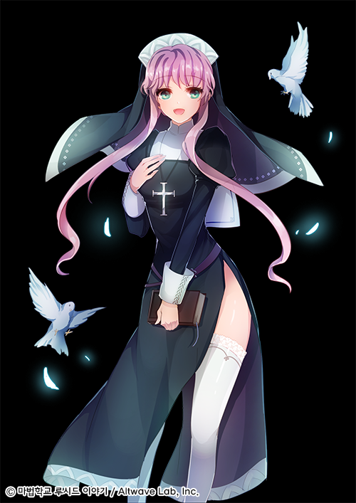 1girl :d aqua_eyes bangs bird black_background black_dress blue_feathers book dress eyebrows_visible_through_hair floating_hair holding interitio long_dress looking_at_viewer nun open_mouth original pink_hair shiny shiny_hair short_hair_with_long_locks side_slit sidelocks simple_background smile solo standing thigh-highs white_legwear