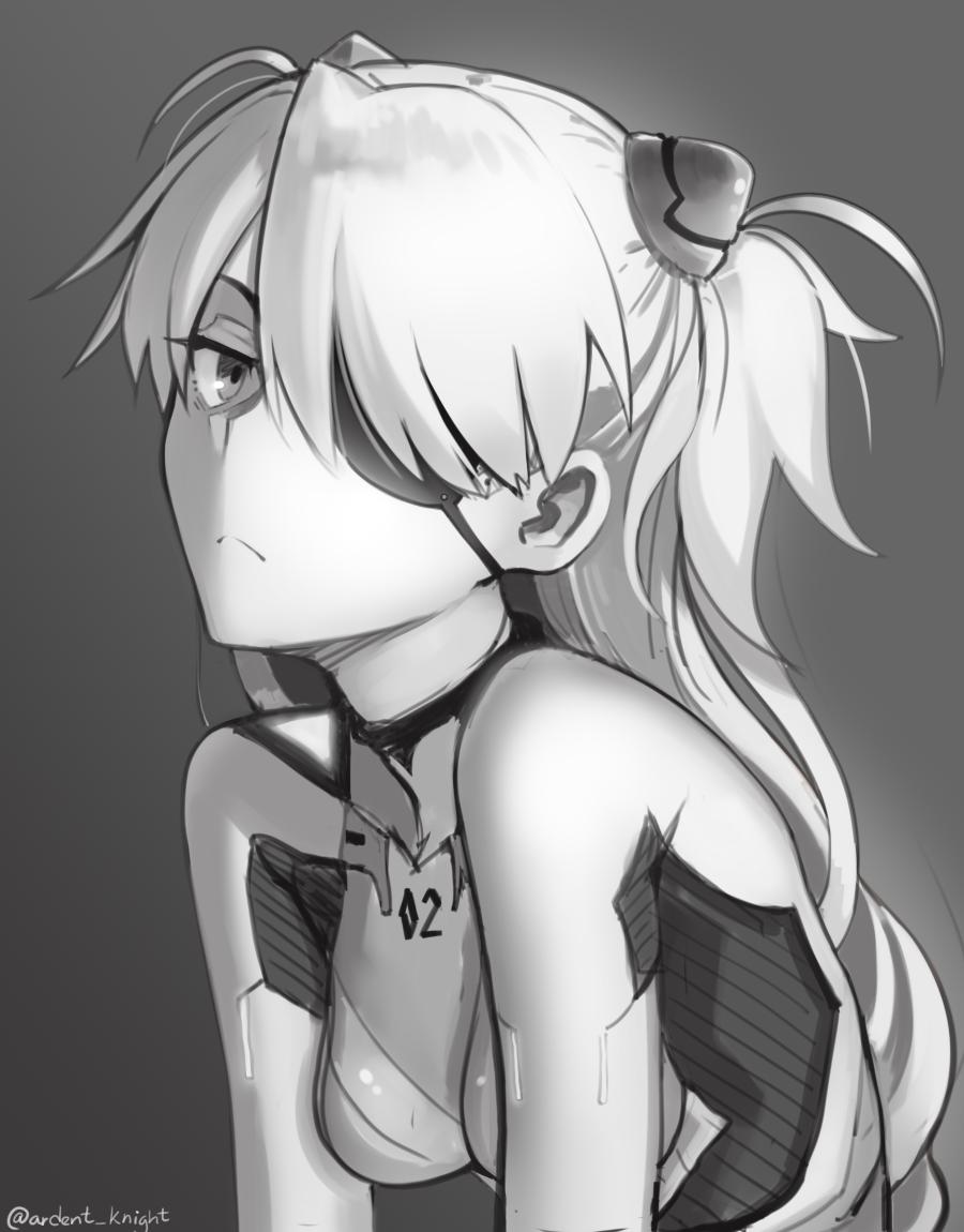 1girl :&lt; boa_(brianoa) breasts closed_mouth eyepatch grey_background greyscale hair_over_one_eye headgear leaning_forward long_hair monochrome neon_genesis_evangelion one_eye_covered pilot_suit plugsuit shikinami_asuka_langley simple_background small_breasts solo souryuu_asuka_langley twitter_username upper_body