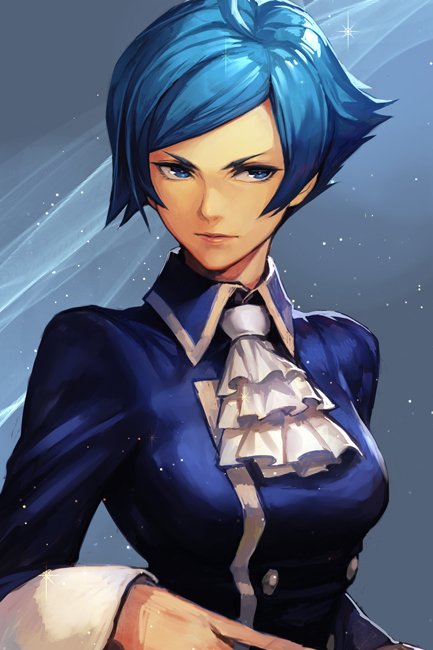 1girl ahoge blue_eyes blue_hair breasts closed_mouth elisabeth_blanctorche hankuri jacket looking_at_viewer short_hair simple_background solo the_king_of_fighters upper_body