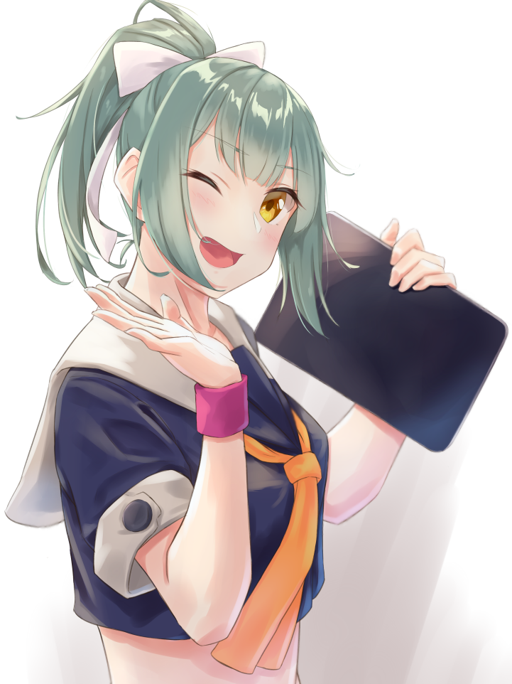 1girl bangs bow clipboard green_hair green_skirt hair_bow hiiragii_(hiiragi_0404) kantai_collection looking_at_viewer medium_hair one_eye_closed open_mouth ponytail remodel_(kantai_collection) school_uniform serafuku skirt smile tank_top white_bow yuubari_(kantai_collection)