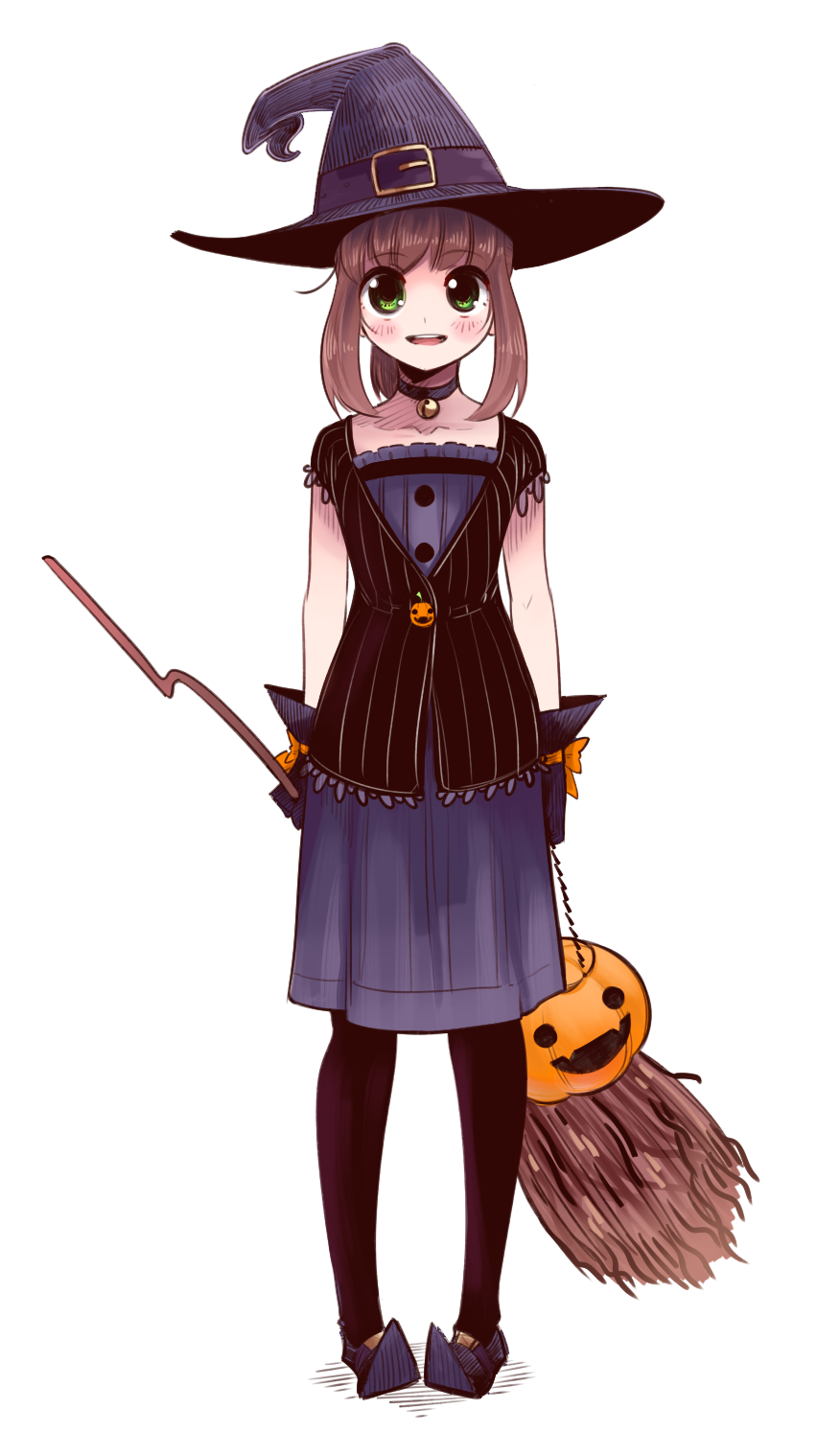 1girl :d black_legwear black_vest boa_(brianoa) broom brown_hair choker dress eyebrows_visible_through_hair full_body gloves green_eyes hat highres holding jack-o'-lantern looking_at_viewer open_mouth orange_ribbon original pantyhose pigeon-toed pointy_shoes ponytail purple_choker purple_dress purple_footwear purple_gloves purple_headwear ribbon shoes smile solo standing symbol_commentary transparent_background vest witch witch_hat