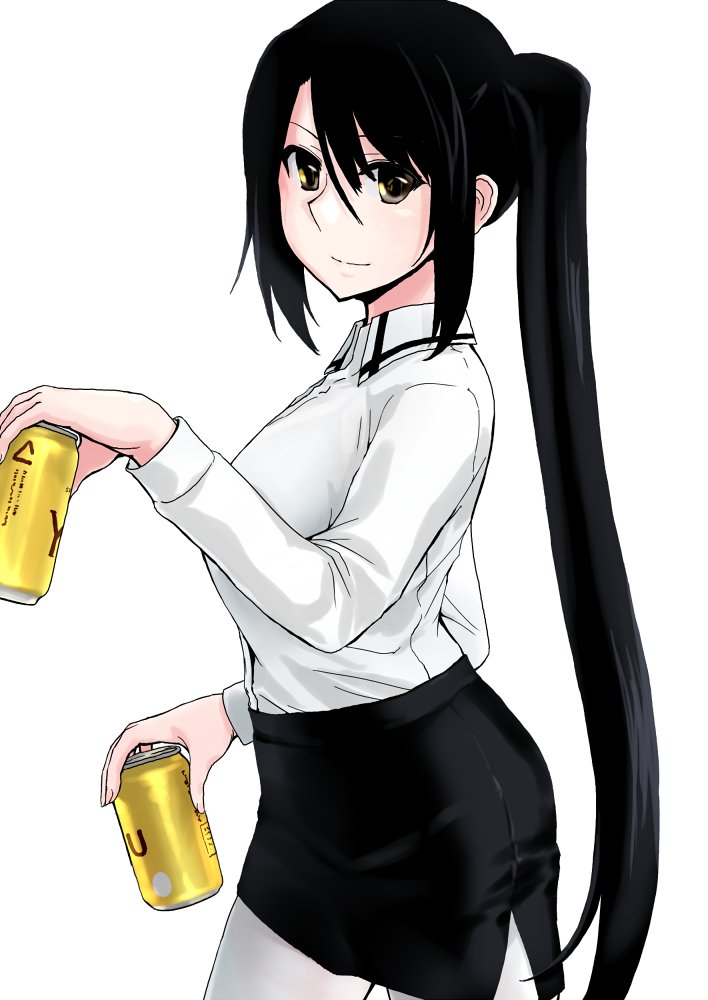 1girl absurdly_long_hair beer_can black_hair black_skirt brown_eyes can commentary_request cowboy_shot dress_shirt kantai_collection katakata_unko long_hair long_sleeves looking_at_viewer nachi_(kantai_collection) pantyhose pencil_skirt shirt side_ponytail simple_background skirt solo standing very_long_hair white_background white_legwear white_shirt