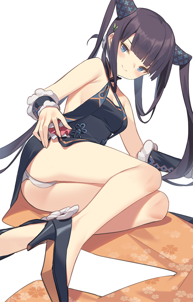 1girl bangs bare_shoulders black_dress black_hair blue_eyes blush breasts china_dress chinese_clothes closed_mouth detached_sleeves dress fate/grand_order fate_(series) hair_ornament long_hair looking_at_viewer smile solo thighs twintails very_long_hair yang_guifei_(fate/grand_order) yura_(botyurara)