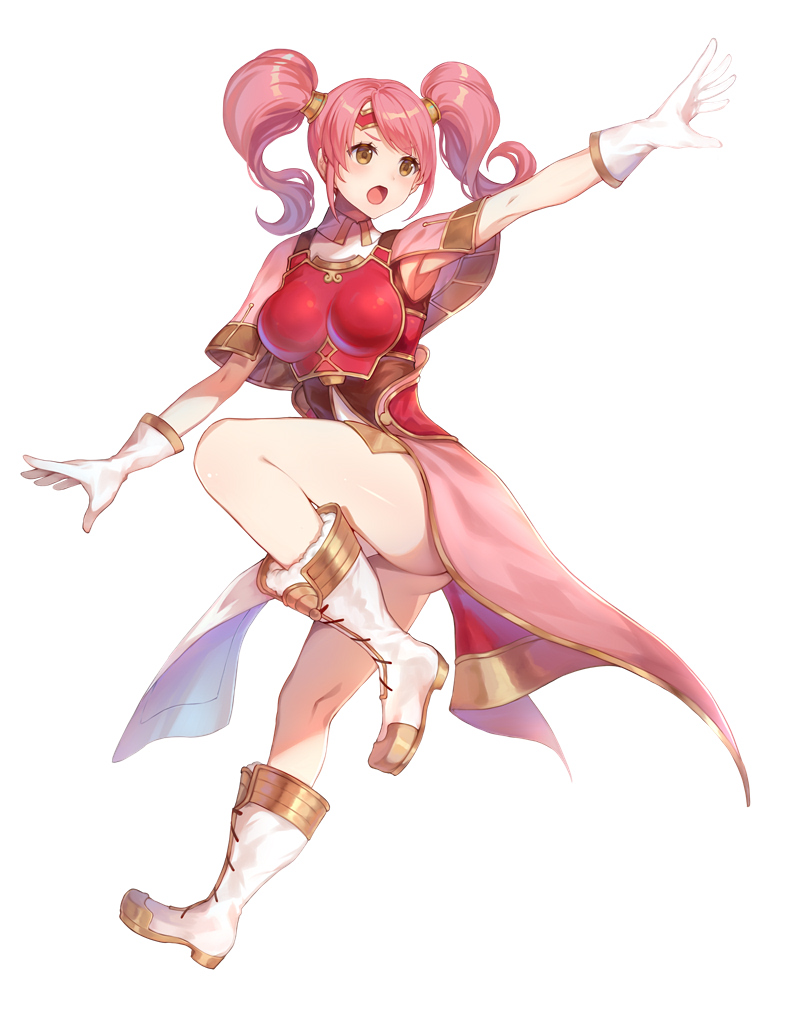 1girl boots breastplate fire_emblem fire_emblem_echoes:_shadows_of_valentia full_body gloves jurge mae_(fire_emblem) open_mouth outstretched_arm pink_hair simple_background solo twintails white_background white_gloves