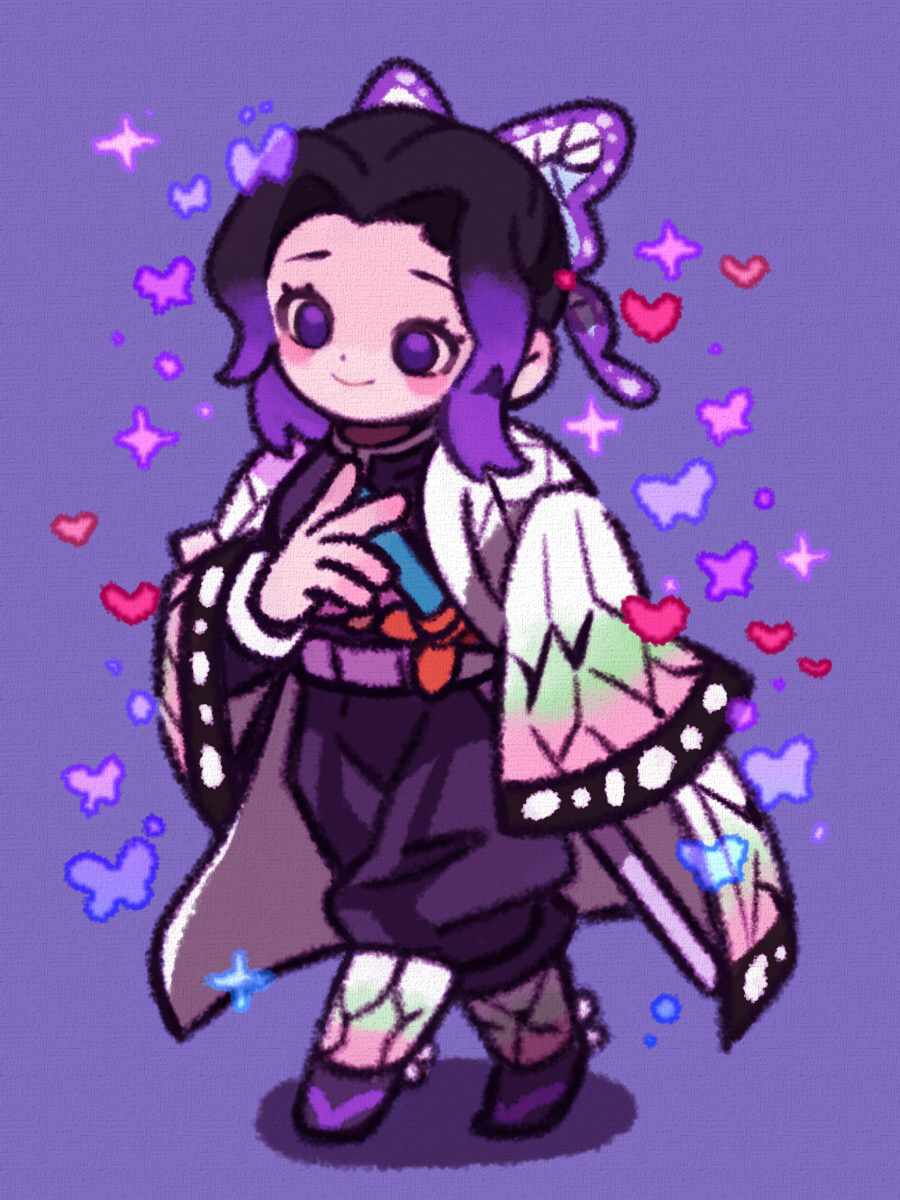 1girl black_hair blush bug butterfly butterfly_hair_ornament full_body hair_ornament heart highres insect kimetsu_no_yaiba kochou_shinobu multicolored_hair purple_background purple_hair shadow simple_background smile solo sparkle sword violet_eyes walking weapon yukino_super