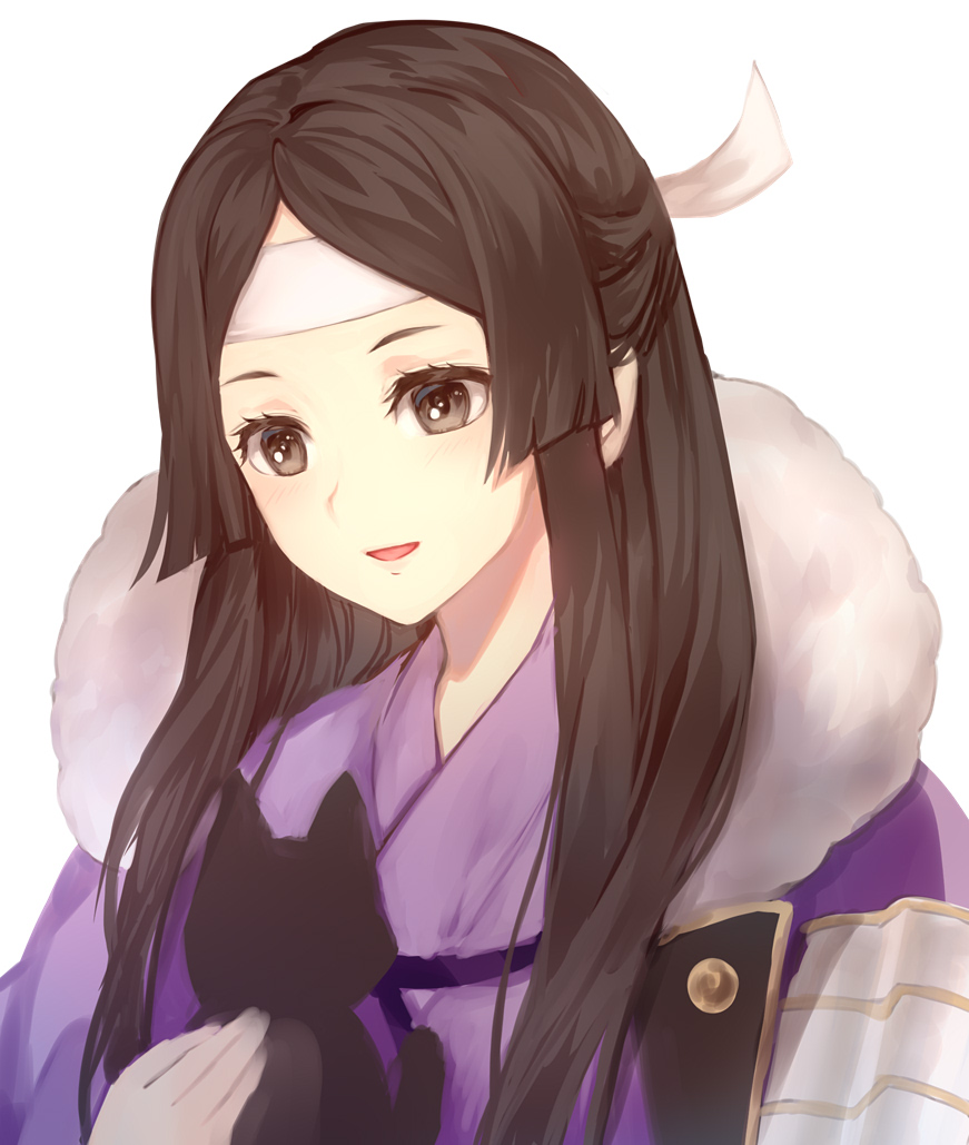 1girl black_eyes black_hair cat fire_emblem fire_emblem_awakening headband holding jurge long_hair open_mouth say'ri_(fire_emblem) simple_background solo upper_body white_background white_headband