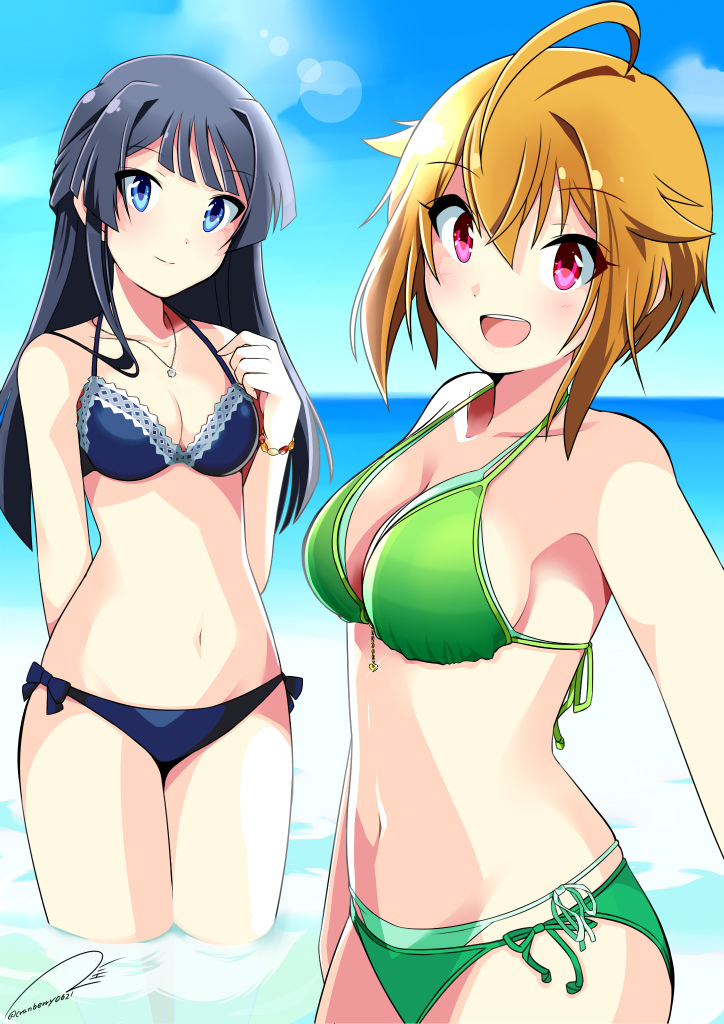 2girls ahoge beach bikini black_bikini black_hair blue_eyes blue_sky brown_hair clouds cowboy_shot cranberry0621 frilled_bikini frills green_bikini horizon ibuki_tsubasa idolmaster idolmaster_million_live! layered_bikini long_hair looking_at_viewer mogami_shizuka multiple_girls ocean outdoors red_eyes short_hair side-tie_bikini sky smile standing swimsuit