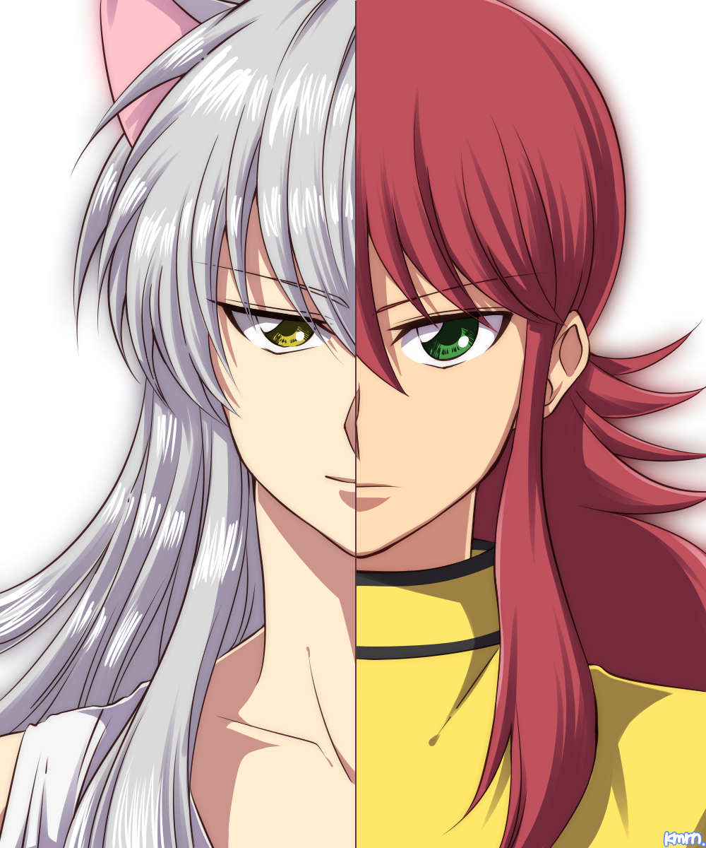 2boys animal_ears closed_mouth collar collarbone fox_ears green_eyes highres kameron kurama long_hair looking_at_viewer male_focus multiple_boys redhead silver_hair simple_background split_theme straight_hair upper_body white_background yellow_eyes youko_kurama yuu_yuu_hakusho