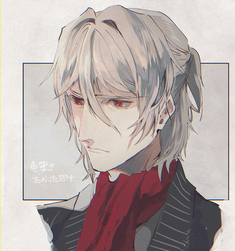 1boy antonio_salieri_(fate/grand_order) ascot cheekbones fate/grand_order fate_(series) formal grey_hair greyscale half_updo hinoe_(right-hnxx03) male_focus monochrome pinstripe_suit portrait red_eyes scarf solo striped suit