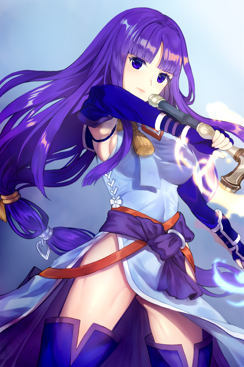 1girl alondite altina arm_guards armpits bare_shoulders blue_background blue_eyes blue_gloves boots breasts covered_navel dress expressionless fingerless_gloves fire_emblem fire_emblem:_radiant_dawn fire_emblem_heroes gloves glowing glowing_sword glowing_weapon highres holding holding_sword holding_weapon jurge long_hair looking_at_viewer pelvic_curtain purple_hair ragnell shoulder_armor side_slit sideboob simple_background sleeveless sleeveless_dress solo sword thigh-highs tight_dress very_long_hair weapon zettai_ryouiki