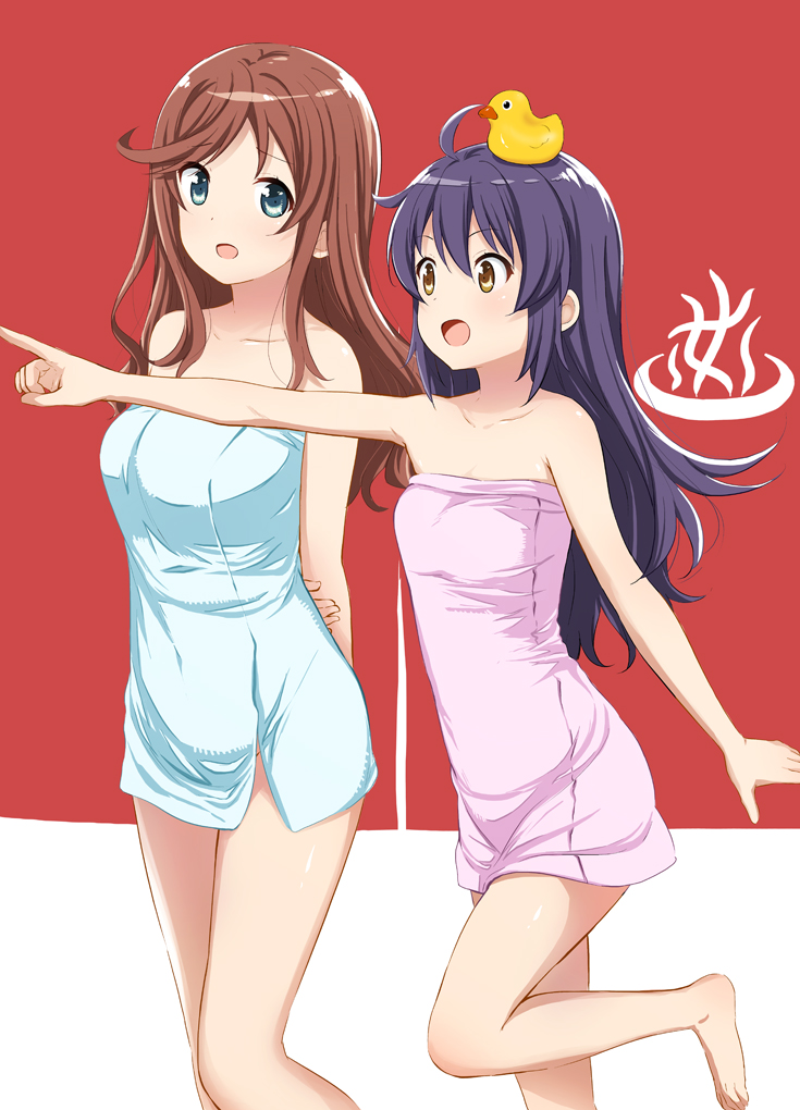 2girls abe_kanari ahoge alternate_hairstyle arms_behind_back blue_eyes brown_hair cowboy_shot hair_down high_school_fleet ise_sakura leg_up multiple_girls naked_towel object_on_head onsen_symbol open_mouth pointing pointing_forward purple_hair rubber_duck suruga_runa towel yellow_eyes