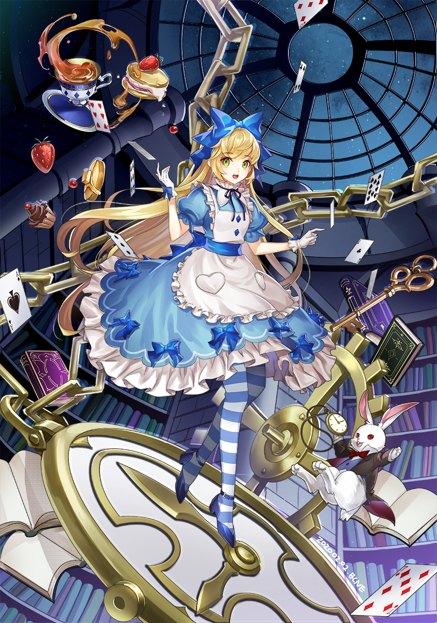 1girl ace_of_clubs ace_of_spades alice_(wonderland) alice_in_wonderland animal ankle_belt apron artist_name bangs black_ribbon blonde_hair blue_bow blue_dress blue_footwear blue_legwear book bookshelf bow bowtie card chain clock clothed_animal club_(shape) coattails collar commentary_request cup cupcake dated dhkdldpa dress eyebrows_visible_through_hair falling_card floating_card food formal frilled_apron frilled_collar frilled_dress frills fruit full_body gears glove_bow gloves hair_bow high_heels highres holding_pocket_watch key long_hair looking_at_viewer neck_ribbon night night_sky open_book open_mouth oversized_object plate playing_card pocket_watch puffy_short_sleeves puffy_sleeves rabbit red_bow red_sclera ribbon short_sleeves sidelocks sky smile solo_focus spade_(shape) strawberry striped striped_legwear suit tea teacup thigh-highs watch white_gloves white_legwear white_rabbit