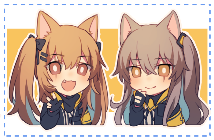 2girls animal_ears black_bow black_gloves blush bow brown_eyes brown_hair cat_ears chibi closed_mouth eyebrows_visible_through_hair fang fingerless_gloves girls_frontline gloves hair_ornament hairclip hiirotaka long_hair looking_at_viewer multiple_girls open_mouth scar scar_across_eye smile ump45_(girls_frontline) ump9_(girls_frontline) v