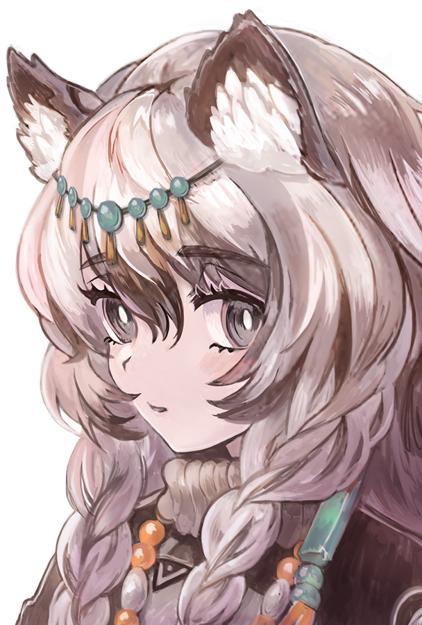 1girl animal_ear_fluff animal_ears arknights bangs bead_necklace beads braid commentary_request eyebrows_visible_through_hair fujisaki_fuuji grey_eyes hair_between_eyes head_chain jewelry leopard_ears long_hair looking_at_viewer necklace parted_lips partial_commentary portrait pramanix_(arknights) silver_hair simple_background solo twin_braids white_background