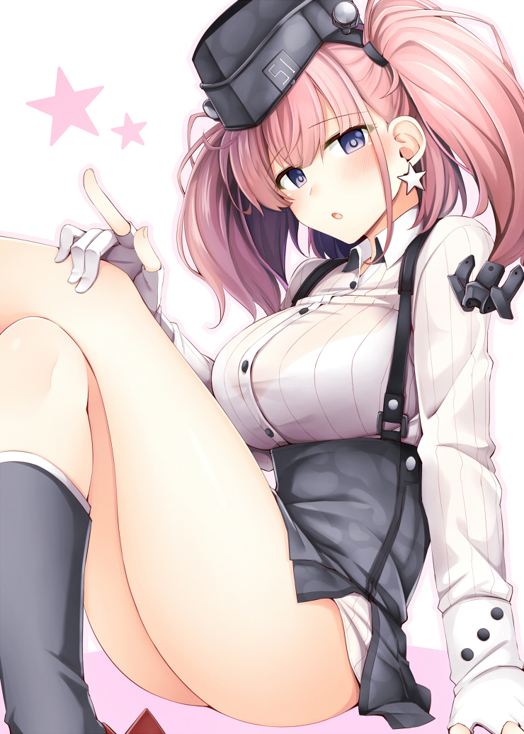 1girl anchor_hair_ornament ass atlanta_(kantai_collection) bare_legs blush boots bra_through_clothes breasts brown_hair buttons commentary_request crossed_legs dress_shirt earrings eyebrows_visible_through_hair garrison_cap garter_straps gloves hair_ornament hat high-waist_skirt jewelry kantai_collection large_breasts long_hair long_sleeves looking_at_viewer open_mouth partly_fingerless_gloves pointing rudder_footwear rui_shi_(rayze_ray) see-through shirt simple_background sitting skirt solo star star_earrings suspender_skirt suspenders two_side_up violet_eyes white_background white_gloves white_shirt