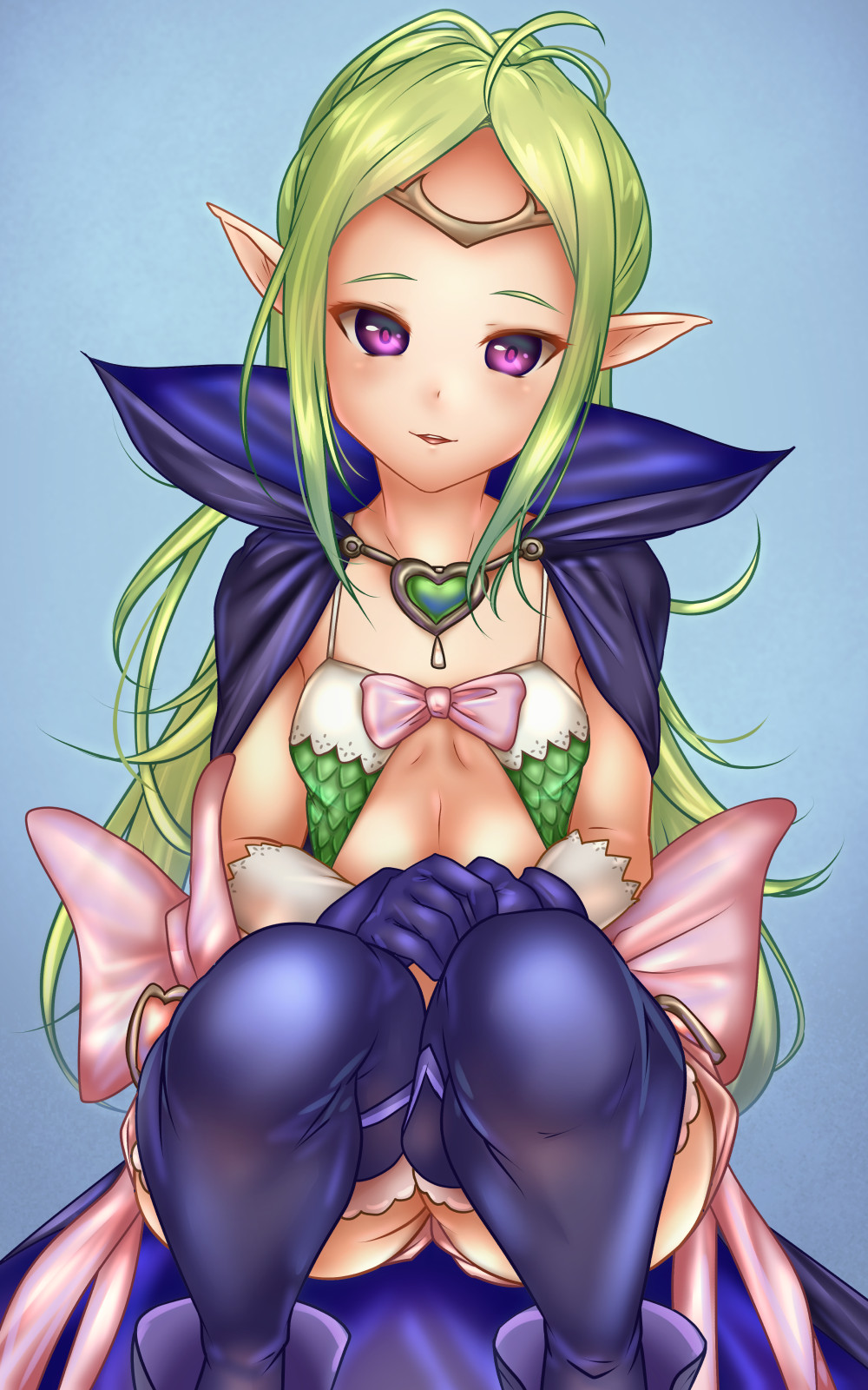 1girl blue_background bow cape circlet cute dragon_girl elf fire_emblem fire_emblem:_kakusei fire_emblem_13 fire_emblem_awakening green_hair highres intelligent_systems loli long_hair manakete nintendo nowi_(fire_emblem) parted_lips pink_bow pointy_ears shounen_(hogehoge) simple_background solo squatting violet_eyes