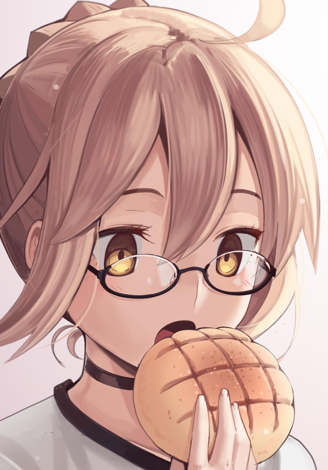 ahoge artoria_pendragon_(all) black-framed_eyewear black_choker blonde_hair boa_(brianoa) braid braided_bun bread choker eating fate/grand_order fate_(series) fingernails food grey_shirt hair_between_eyes highres holding holding_food looking_down melon_bread mysterious_heroine_x_(alter) open_mouth portrait semi-rimless_eyewear shirt under-rim_eyewear yellow_eyes