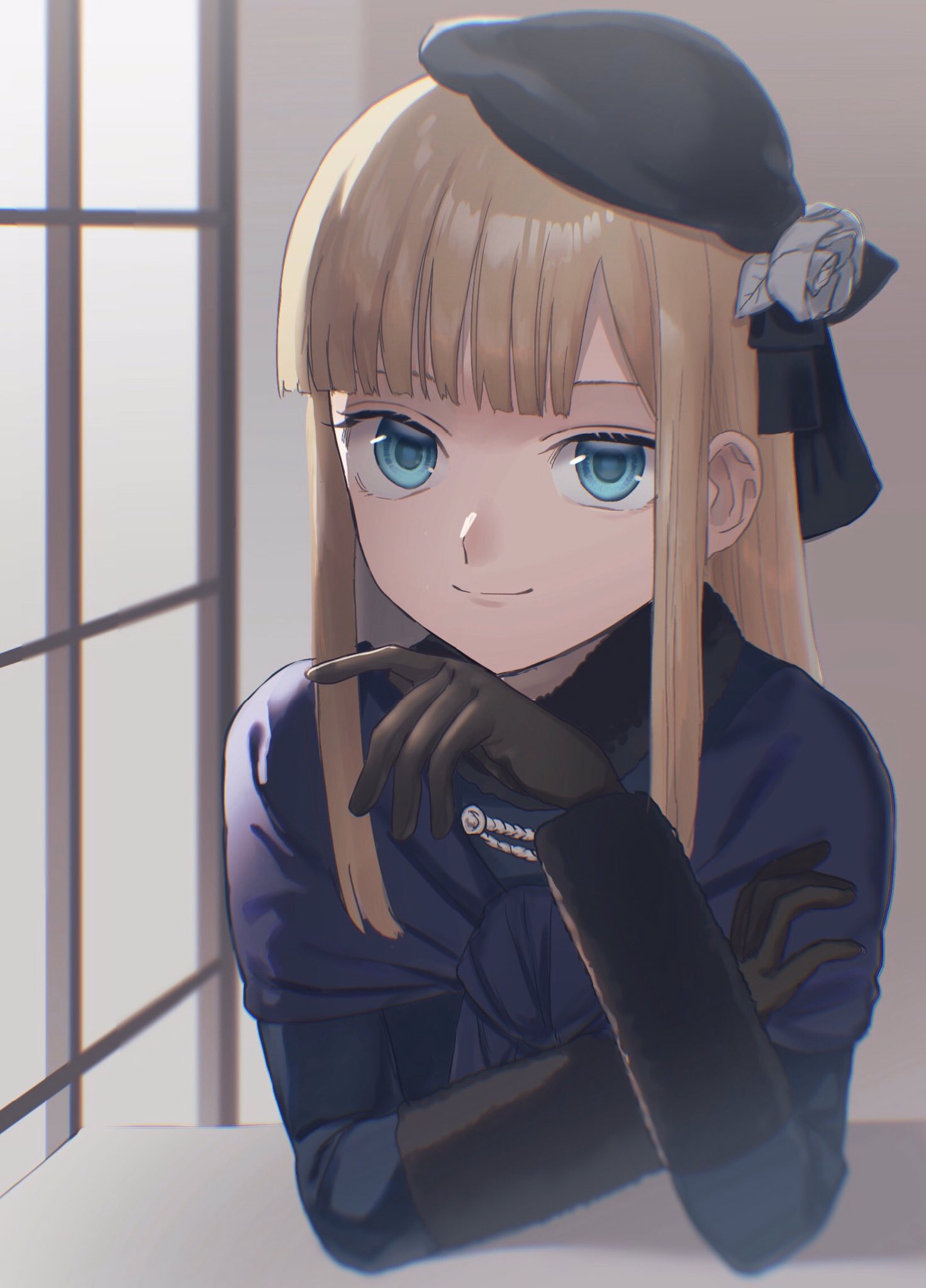 1girl bangs black_gloves blonde_hair blue_eyes blunt_bangs fate_(series) flower gloves hat hat_flower highres long_hair looking_at_viewer lord_el-melloi_ii_case_files makimura_(miwmiw-cage) reines_el-melloi_archisorte rose smile solo tilted_headwear white_flower white_rose