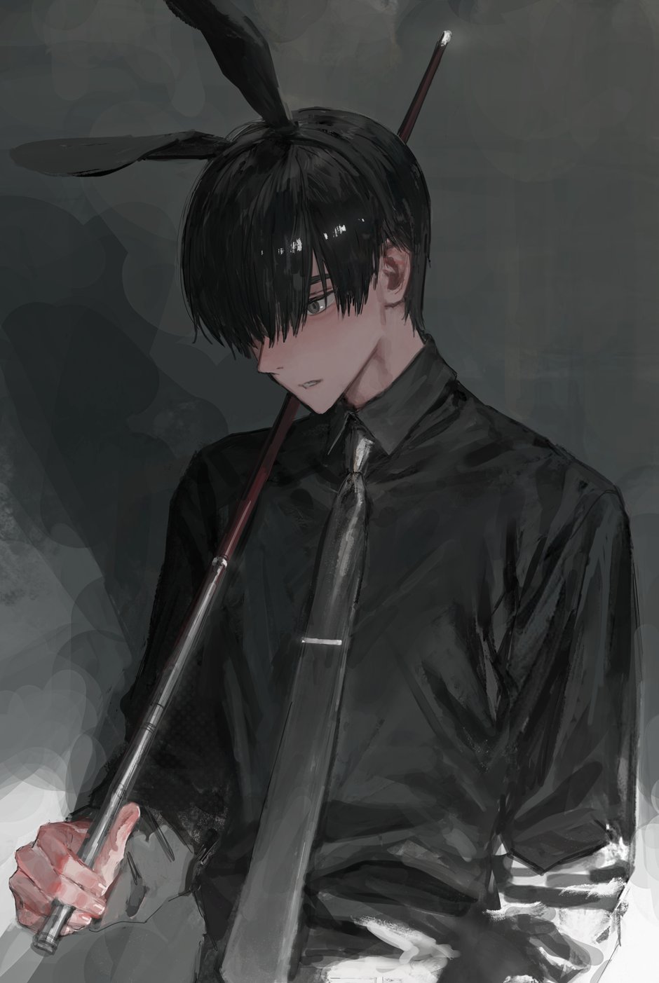 animal_ears black_hair black_hairband black_shirt collared_shirt cue_stick fake_animal_ears grey_background grey_eyes grey_neckwear hair_over_one_eye hairband highres hirota_tsuu holding long_sleeves looking_down necktie one_eye_covered original parted_lips rabbit_ears shirt upper_body usuzumi_kei wing_collar