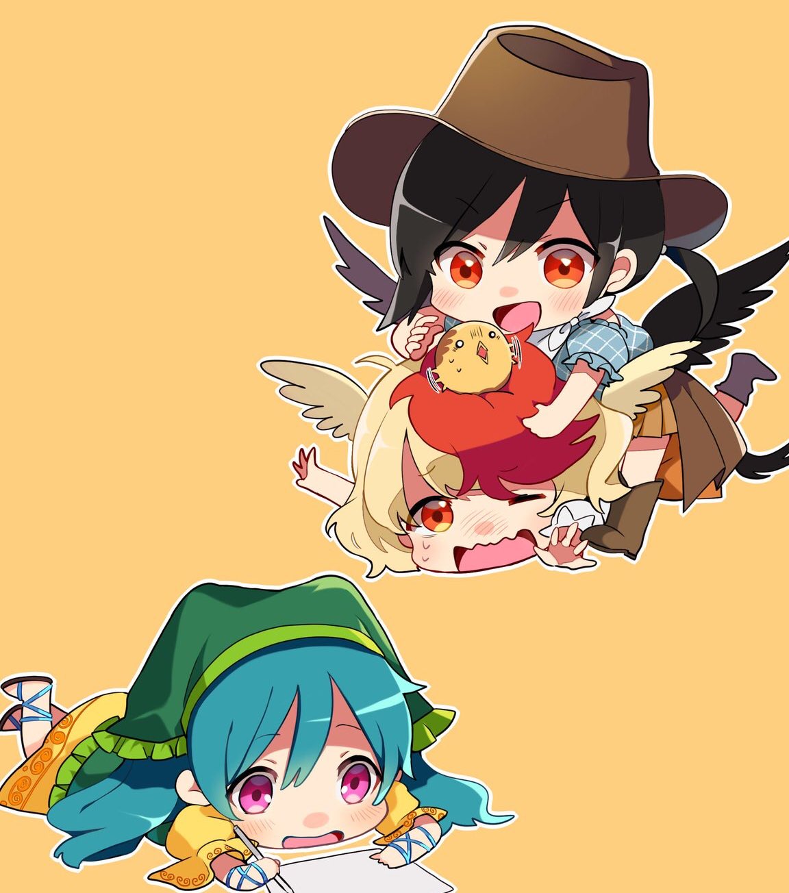 3girls animal animal_on_head bandana bird bird_on_head black_hair black_wings blonde_hair blue_hair blue_shirt boots brown_footwear brown_headwear brown_skirt chibi chick commentary_request cowboy_boots cowboy_hat drawing dress feathered_wings feet_up frills girl_on_top green_headwear haniyasushin_keiki hat head_scarf highres holding kurokoma_saki long_hair lying multicolored_hair multiple_girls niwatari_kutaka on_ground on_head on_stomach open_mouth orange_skirt outstretched_arms pink_eyes pleated_skirt ponytail red_eyes redhead sandals satoupote shirt skirt smile sweatdrop touhou wavy_mouth white_shirt wings yellow_dress