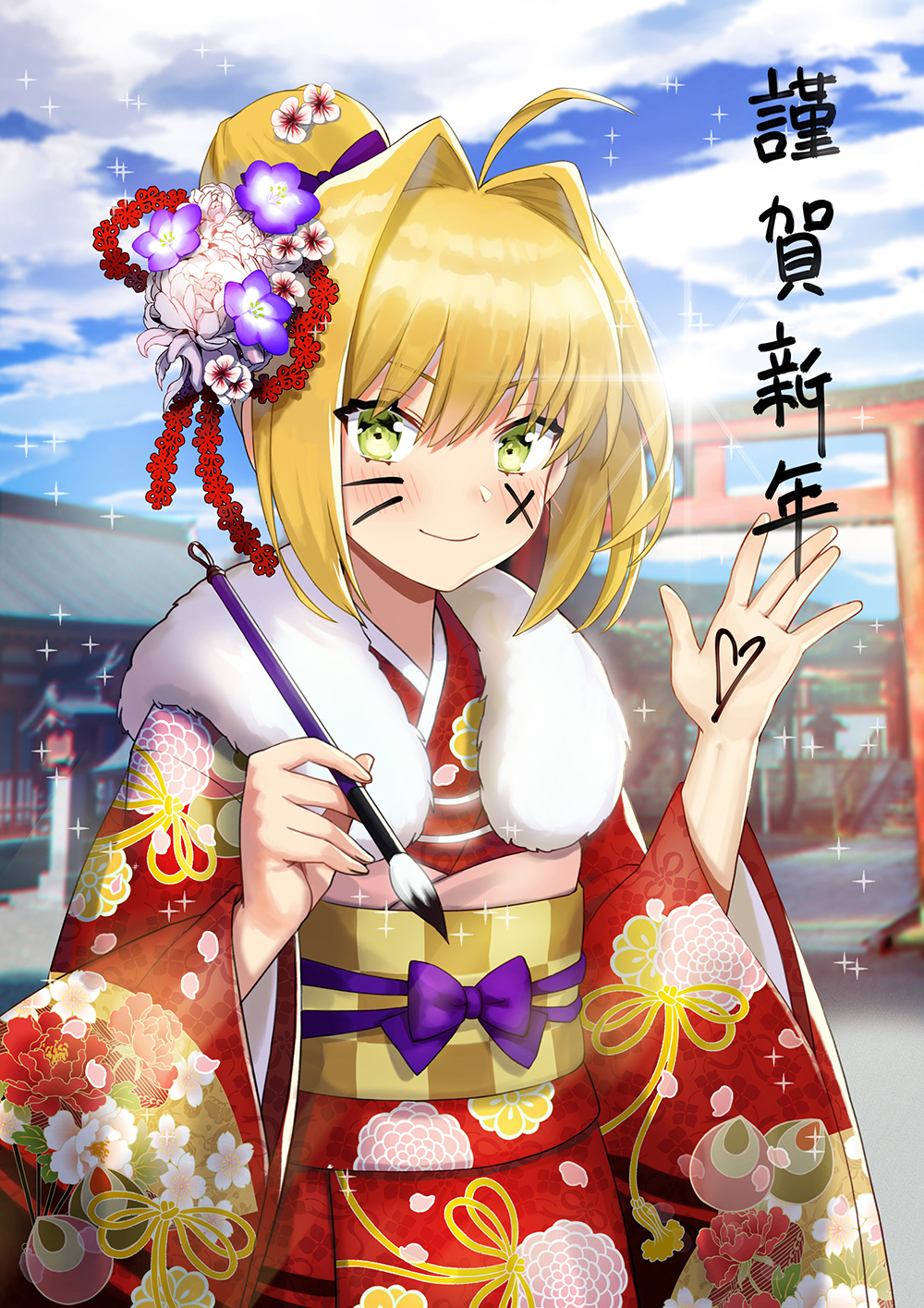 1girl ahoge bangs blonde_hair blue_sky blush body_writing braid breasts calligraphy_brush closed_mouth facepaint fate/extra fate/grand_order fate_(series) floral_print flower french_braid fur_collar green_eyes hair_bun hair_flower hair_intakes hair_ornament highres japanese_clothes kimono lens_flare long_hair long_sleeves looking_at_viewer nero_claudius_(fate) nero_claudius_(fate)_(all) noixen obi paintbrush red_kimono revision sash sky smile solo sparkle torii waving wide_sleeves