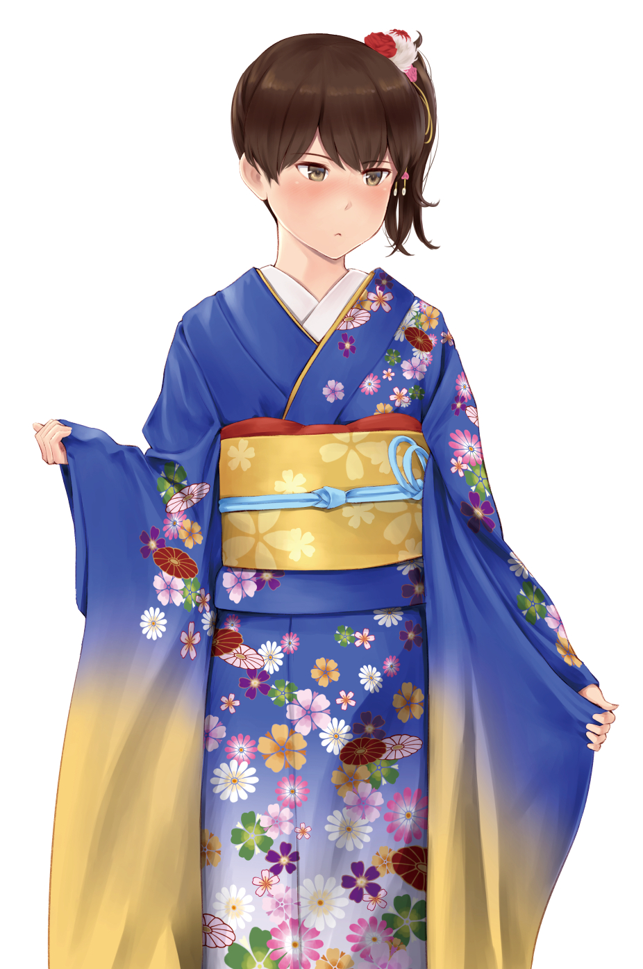 1girl alternate_costume blue_kimono blush brown_eyes brown_hair closed_mouth flower hair_flower hair_ornament highres japanese_clothes kaga_(kantai_collection) kantai_collection kimono long_hair looking_at_viewer obi obijime pink_flower red_flower sash side_ponytail simple_background solo wa_(genryusui) white_background white_flower