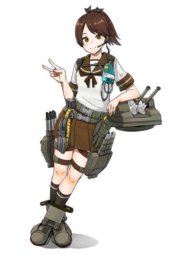 1girl adapted_costume black_legwear brown_eyes brown_hair brown_sailor_collar brown_skirt commentary_request full_body headset kantai_collection kneehighs leaning_to_the_side looking_at_viewer machinery microphone ponytail sailor_collar school_uniform serafuku shikinami_(kantai_collection) short_hair simple_background skirt solo standing torpedo_launcher white_background yohei_(pizzadev)