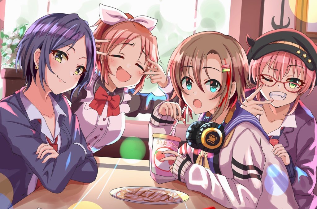 4girls :3 :o abe_nana apron bangs beige_jacket black_hair black_headwear blue_eyes blue_jacket blue_sailor_collar blue_serafuku blush bow bowtie breasts brown_hair collarbone collared_shirt commentary_request crossed_arms cup double_v drinking_straw earrings eyebrows_visible_through_hair fang food french_fries green_eyes grin hair_between_eyes hair_ornament hair_ribbon hairclip haruki_(haruki678) hat hayami_kanade head_tilt headphones headphones_around_neck holding holding_cup horned_headwear idolmaster idolmaster_cinderella_girls indoors jacket jewelry jougasaki_mika large_breasts light_particles long_sleeves looking_at_viewer maid_apron maid_dress multicolored_hair multiple_girls neckerchief necktie odd_one_out one_eye_closed open_clothes open_jacket parted_bangs pink_hair pink_ribbon plant ponytail potted_plant purple_jacket red_bow red_neckwear redhead ribbon sailor_collar shirt short_hair sidelocks sleeves_past_wrists smile streaked_hair table tada_riina upper_body v v_over_eye white_shirt window yellow_eyes yellow_neckwear |d