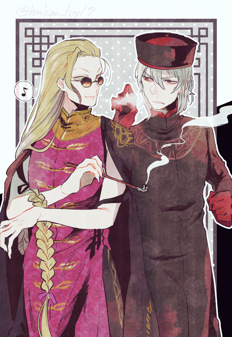 alternate_costume antonio_salieri_(fate/grand_order) bespectacled blonde_hair braid chinese_clothes fate/grand_order fate_(series) glasses gloves grey_hair hat hinoe_(right-hnxx03) holding holding_pipe jacket_on_shoulders long_hair male_focus pipe red_gloves silver_hair very_long_hair wolfgang_amadeus_mozart_(fate/grand_order)