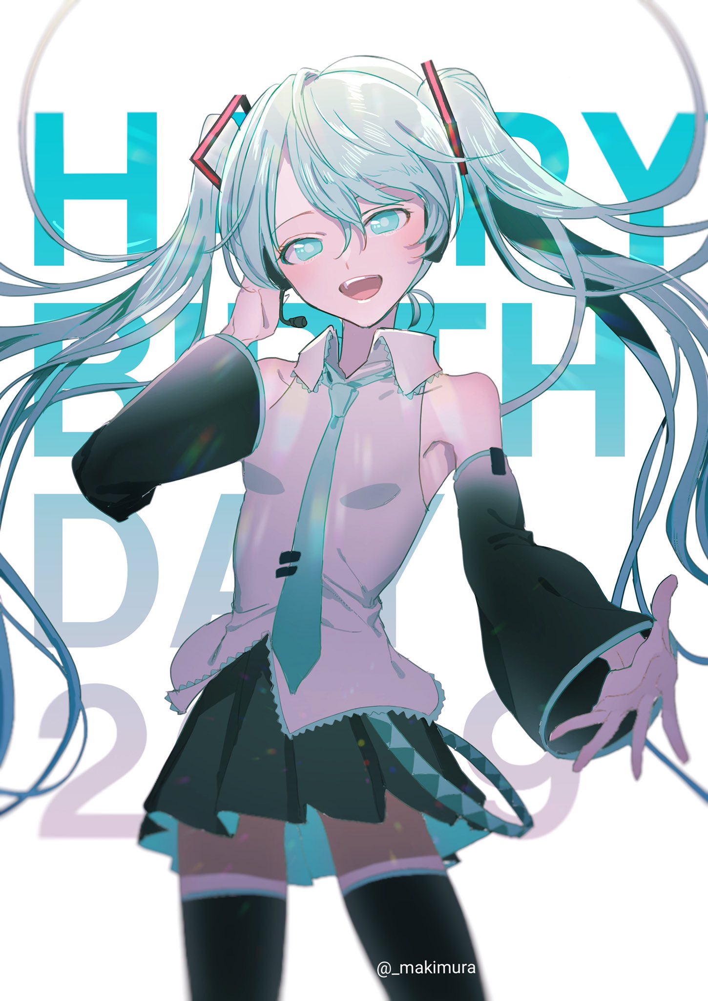 1girl aqua_eyes aqua_hair bare_shoulders cowboy_shot dated detached_sleeves hand_on_own_cheek happy_birthday hatsune_miku headset highres long_hair looking_at_viewer makimura_(miwmiw-cage) music necktie outstretched_hand pleated_skirt singing skirt solo thigh-highs twintails twitter_username very_long_hair vocaloid