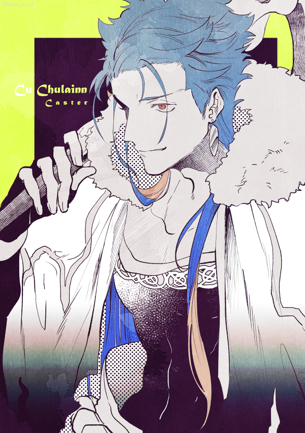 1boy blue_hair cape character_name cu_chulainn_(fate)_(all) cu_chulainn_(fate/grand_order) earrings fate/grand_order fate_(series) fingerless_gloves fur-trimmed_cape fur_trim gloves hinoe_(right-hnxx03) jewelry long_hair male_focus over_shoulder red_eyes solo staff weapon weapon_over_shoulder