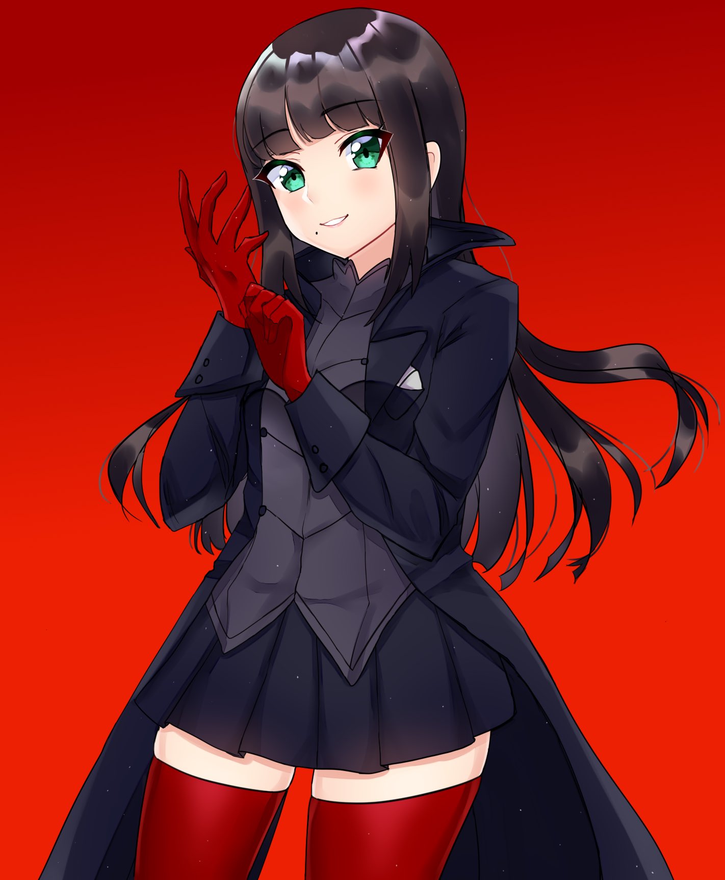 1girl 2016 a-1_pictures adapted_costume amamiya_ren amamiya_ren_(cosplay) ascii_media_works atlus bangs black_hair black_jacket black_skirt blunt_bangs blush bushiroad connection cosplay cowboy_shot eyebrows_visible_through_hair gloves green_eyes highres jacket kurosawa_dia long_hair long_sleeves looking_at_viewer love_live! love_live!_sunshine!! megami_tensei mole mole_under_mouth p-studio persona persona_5 red_background red_gloves red_legwear sega shiny shiny_hair sidelocks simple_background skirt smile solo sonic_team standing sunrise_(studio) sweetie_cyanide thigh-highs thighs very_long_hair year_connection