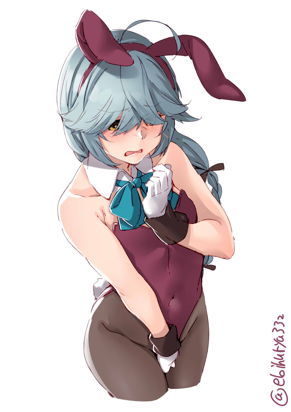 1girl ahoge animal_ears bow bowtie braid brown_eyes bunny_girl bunny_tail bunnysuit detached_collar ebifurya fake_animal_ears grey_hair hair_over_eyes hair_ribbon hamanami_(kantai_collection) highres kantai_collection leotard long_hair pantyhose rabbit_ears ribbon single_braid strapless strapless_leotard tail wrist_cuffs