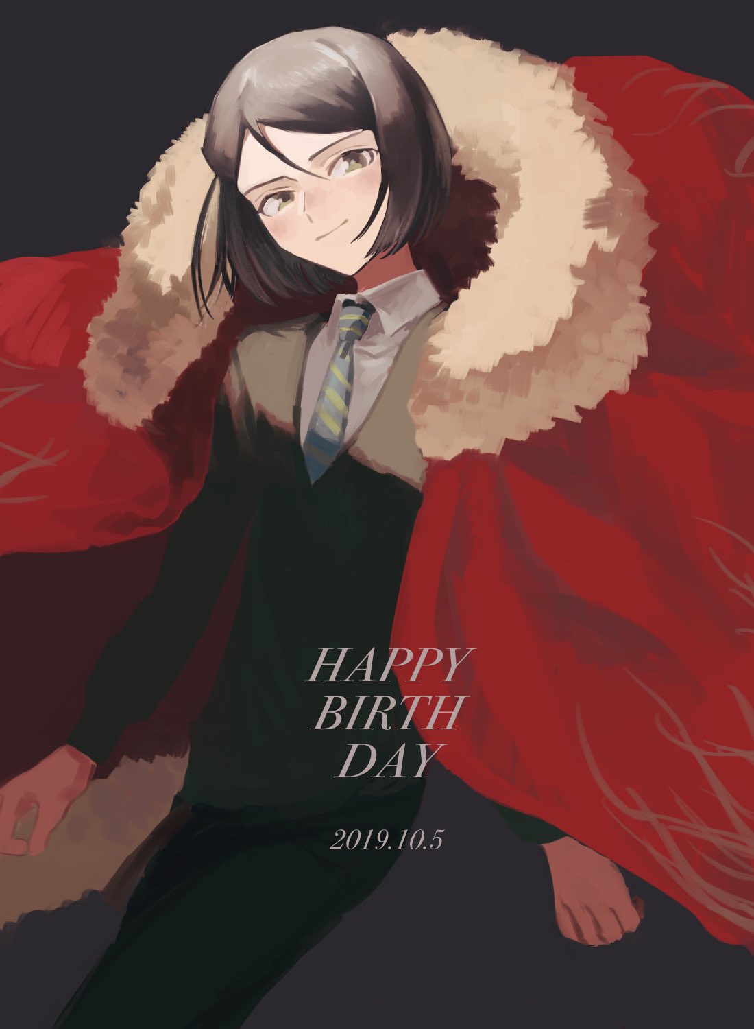 1boy black_hair blush bob_cut cape dated fate/grand_order fate/zero fate_(series) fur-trimmed_cape fur_trim green_eyes happy_birthday highres makimura_(miwmiw-cage) male_focus necktie smile solo sweater waver_velvet