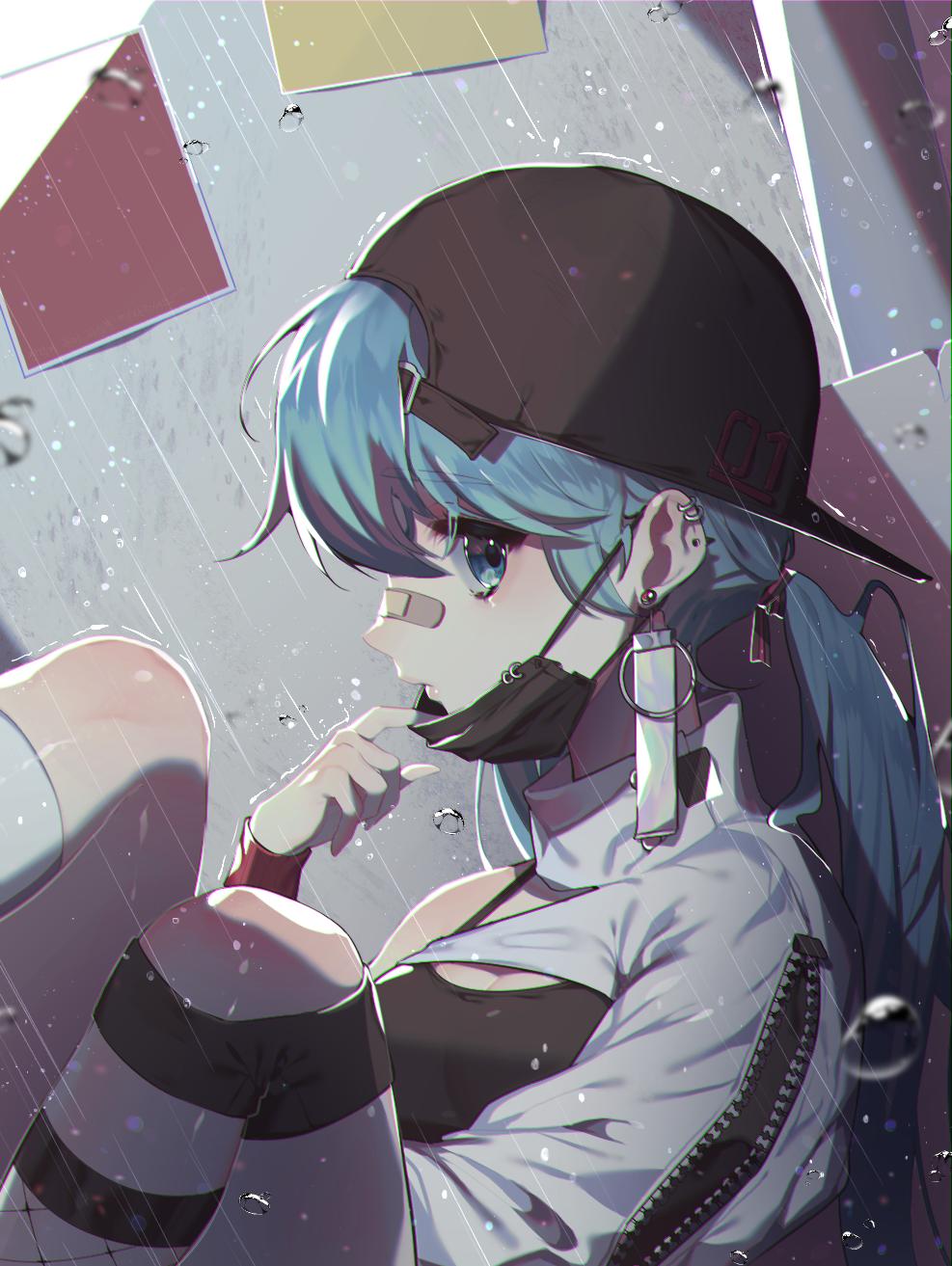 1girl backwards_hat bandaid bandaid_on_nose baseball_cap black_headwear blue_eyes blue_hair ear_piercing earrings fishnet_legwear fishnets hand_up hat hatsune_miku highres jacket jewelry knees_up long_hair looking_at_viewer looking_to_the_side low_ponytail mask_pull mismatched_legwear piercing ponytail puffy_sleeves pulled_by_self rain rimsuk solo stud_earrings surgical_mask thigh-highs very_long_hair vocaloid white_jacket white_legwear wristband