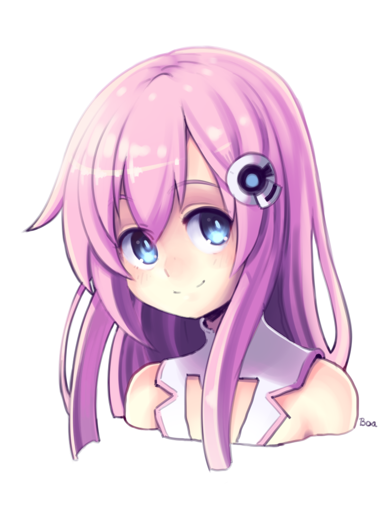 1girl bangs blue_eyes blue_pupils boa_(brianoa) closed_mouth cropped_torso eyebrows_visible_through_hair hair_ornament head_tilt long_hair looking_at_viewer neptune_(series) pink_hair portrait purple_sister signature smile solo transparent_background