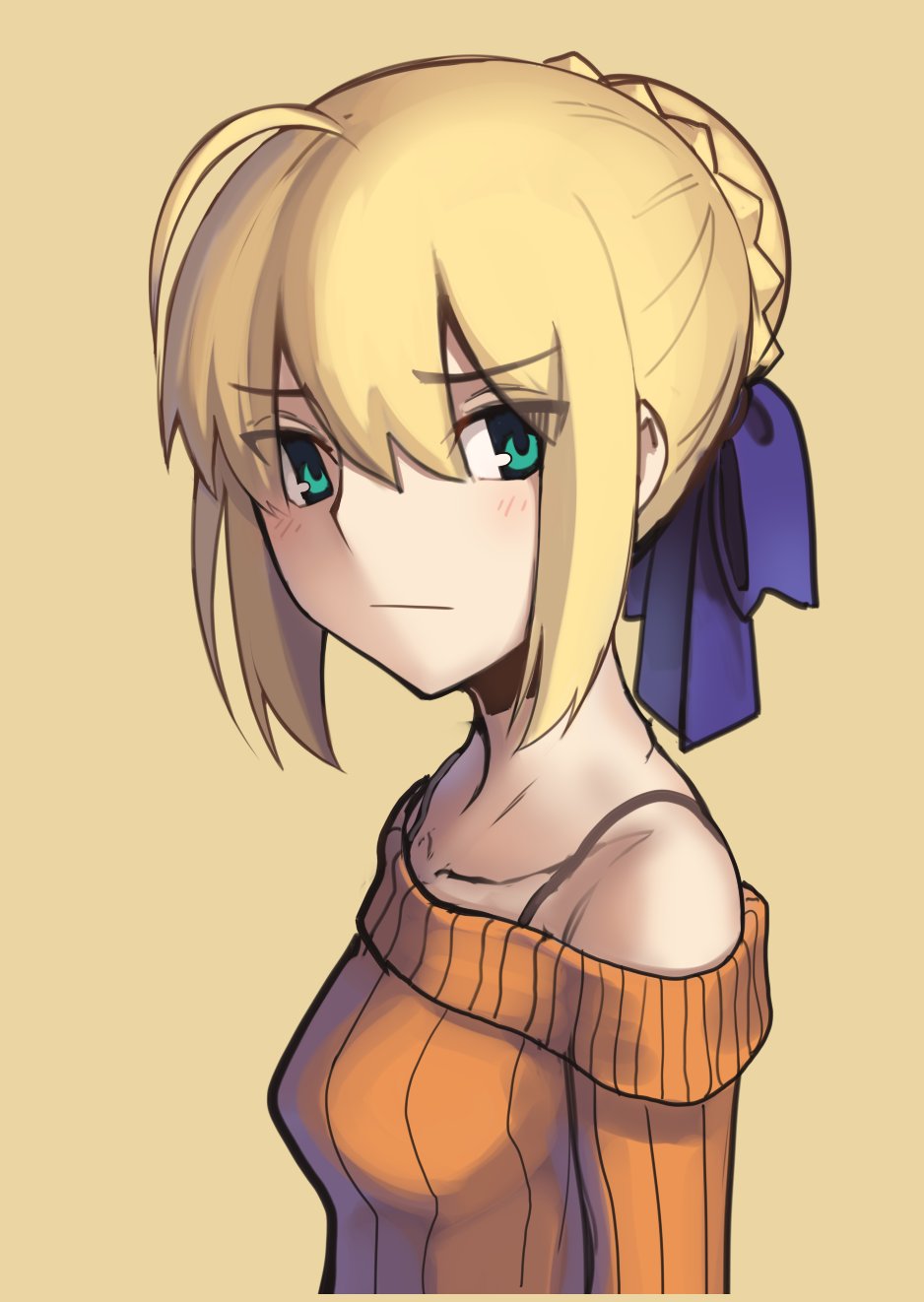 1girl ahoge artoria_pendragon_(all) blonde_hair boa_(brianoa) bra_strap braid braided_bun closed_mouth eyebrows_visible_through_hair eyes_visible_through_hair fate/stay_night fate_(series) from_side green_eyes hair_ribbon highres looking_at_viewer looking_to_the_side orange_sweater purple_ribbon ribbon saber simple_background solo sweater sweater_vest upper_body yellow_background