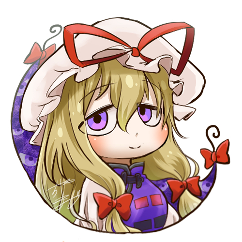 1girl avatar_icon blonde_hair blush bow chamaji check_commentary close-up commentary_request eyebrows_visible_through_hair eyes gap hair_between_eyes hair_ribbon hat hat_ribbon jitome long_hair looking_at_viewer looking_back lowres mob_cap ribbon sidelocks signature simple_background smile solo touhou tress_ribbon upper_body violet_eyes white_background yakumo_yukari