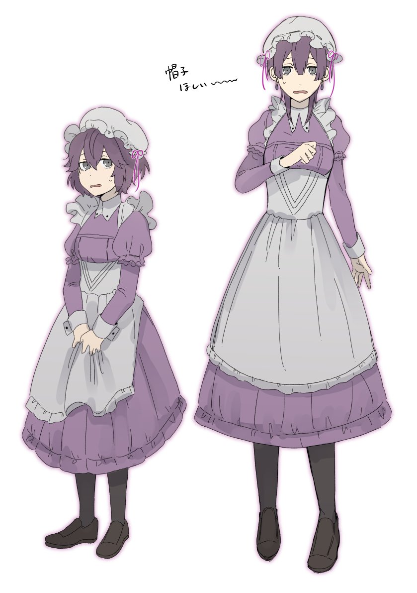 2girls age_comparison bernadetta_von_varley black_legwear earrings fire_emblem fire_emblem:_three_houses grey_eyes hirunesukix jewelry long_sleeves maid multiple_girls open_mouth purple_hair short_hair simple_background white_background