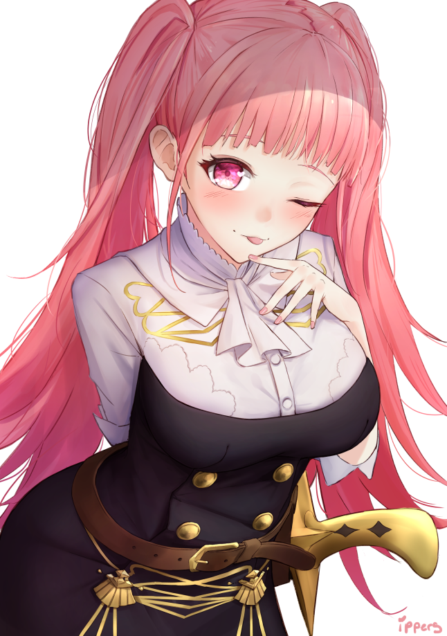 1girl arm_behind_back artist_name belt blush breasts cowboy_shot dress fire_emblem fire_emblem:_three_houses garreg_mach_monastery_uniform hilda_valentine_goneril ippers large_breasts long_hair looking_at_viewer neckerchief one_eye_closed pink_eyes pink_hair sheath sheathed short_dress simple_background smile solo sword tongue tongue_out twintails weapon white_background