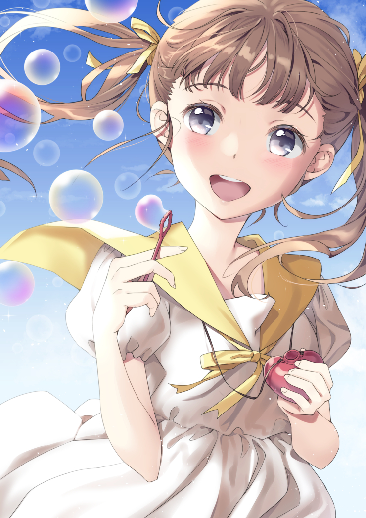 1girl arms_up blue_eyes blue_sky brown_hair clouds commentary_request day dress facing_viewer hair_blowing holding looking_away open_mouth original outdoors puffy_short_sleeves puffy_sleeves sailor_collar short_hair short_sleeves sky soap_bottle soap_bubbles solo twintails unya_(unya-unya) upper_body upper_teeth very_short_hair white_dress wind yellow_sailor_collar