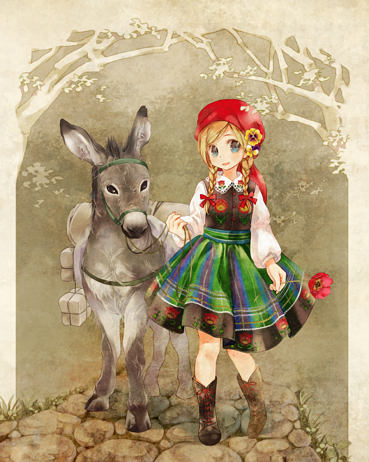 1girl animal bandana bangs blonde_hair blouse blush boots bow braid brown_footwear cobblestone cross-laced_footwear donkey dress floral_print flower grass hair_bow hair_flower hair_ornament hair_over_shoulder hat head_scarf holding holding_flower kuga_tsukasa lace lace-trimmed_collar lace-up_boots long_sleeves looking_at_viewer no_socks original pack_animal pansy parted_lips poppy_(flower) red_bow reins road skirt smile solo striped striped_skirt swept_bangs traditional_clothes tree twin_braids vertical-striped_skirt vertical_stripes walking white_blouse wing_collar