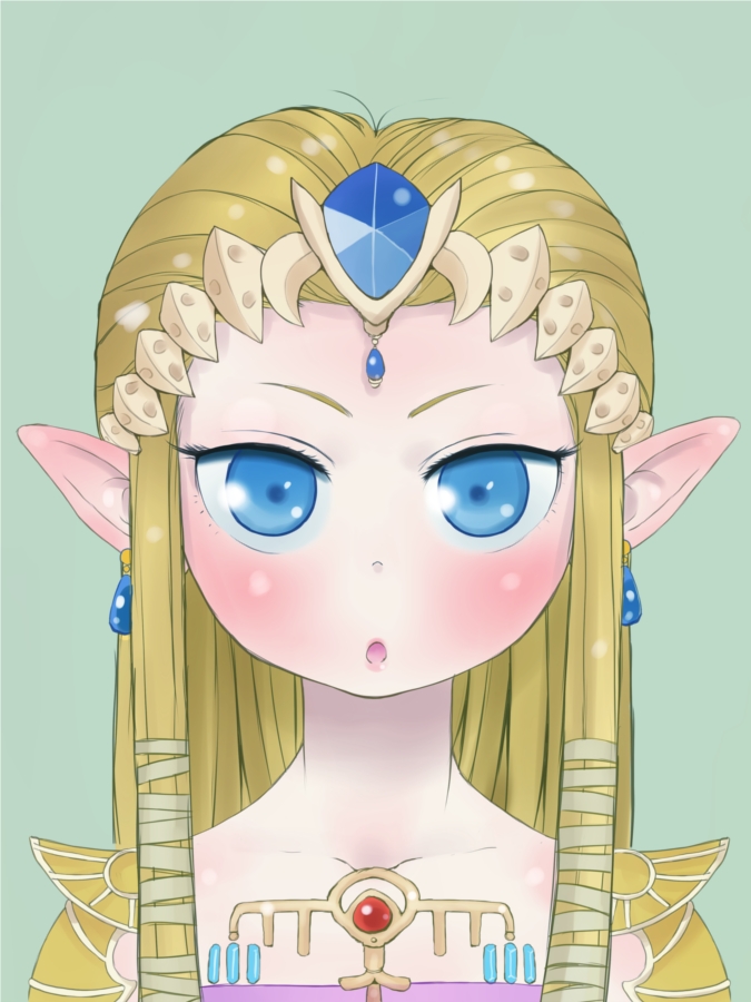 1girl bangs_pinned_back blonde_hair blue_eyes blush commentary_request earrings ebimomo green_background jewelry long_hair looking_at_viewer parted_lips pointy_ears portrait princess_zelda shoulder_armor sidelocks simple_background solo spaulders the_legend_of_zelda the_legend_of_zelda:_twilight_princess tiara