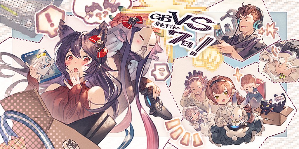 ! 4boys 4girls beard black_cat black_hair blush bow box braid bridal_veil brother_and_sister brown_hair cardboard_box cat chair character_request closed_eyes collarbone contemporary death_(granblue_fantasy) earphones earrings envelope erune facial_hair flower game_console gran_(granblue_fantasy) granblue_fantasy granblue_fantasy_versus green_eyes haaselia hair_bow hairband harvin jewelry judgement_(granblue_fantasy) katzelia lobelia_(granblue_fantasy) long_hair lyria_(granblue_fantasy) mask multiple_boys multiple_girls mustache nier_(granblue_fantasy) nose_bubble official_art old_man open_mouth playing_games playstation_4 playstation_controller pointy_ears rabbit red_eyes ribbon rose siblings sitting sleeping smile spoken_exclamation_mark spoken_sweatdrop sweatdrop tail_wagging the_tower_(granblue_fantasy) vee_(granblue_fantasy) veil very_long_hair white_hair