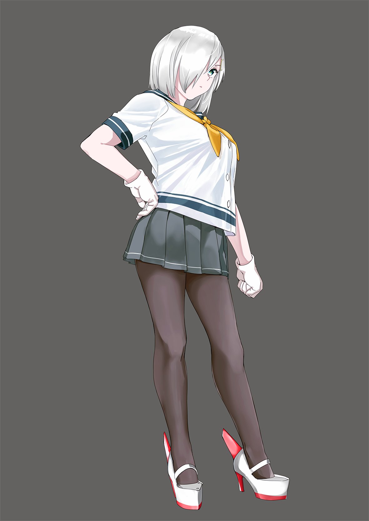 1girl black_legwear blue_eyes blue_sailor_collar breasts full_body gloves grey_background grey_skirt hair_ornament hair_over_one_eye hairclip hamakaze_(kantai_collection) highres kantai_collection large_breasts looking_at_viewer neckerchief ojipon pantyhose pleated_skirt sailor_collar school_uniform serafuku short_hair short_sleeves silver_hair simple_background skirt solo white_gloves yellow_neckwear