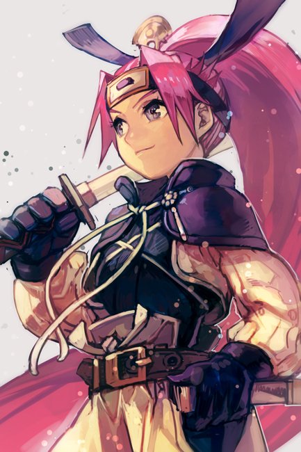 1girl asuka_(fns) belt blue_eyes breasts closed_mouth fushigi_no_dungeon fuurai_no_shiren gloves hankuri headband katana long_hair pink_hair ponytail simple_background smile solo sword weapon