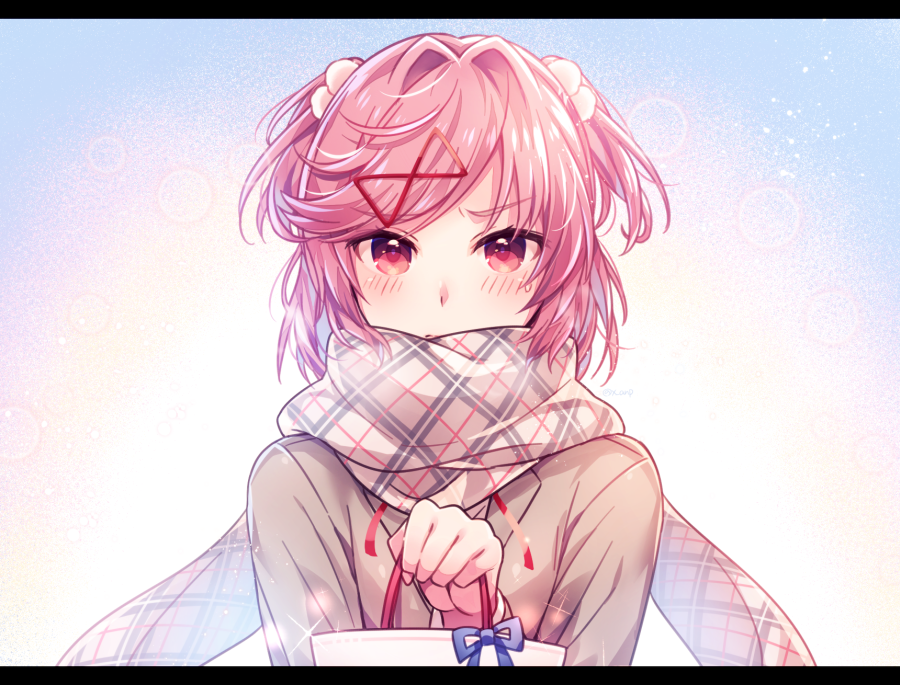 aicedrop bag bangs blazer blue_ribbon blush breath brown_jacket brown_scarf doki_doki_literature_club eyebrows_visible_through_hair gift_bag hair_ornament holding holding_bag jacket long_sleeves looking_at_viewer medium_hair natsuki_(doki_doki_literature_club) pink_eyes pink_hair plaid plaid_scarf ribbon scarf school_uniform sparkle sweatdrop two_side_up upper_body v-shaped_eyebrows